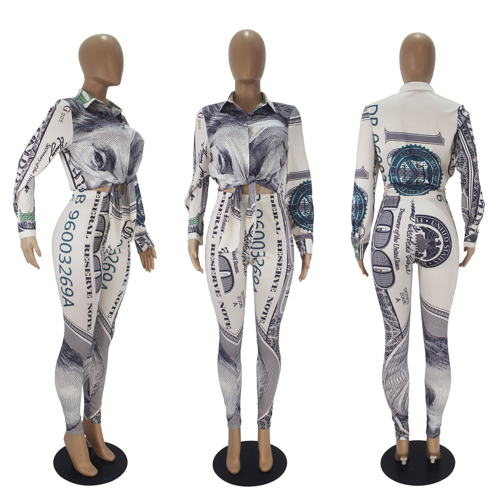 Women's Casual Fashion USD Printed Lace Up Long-sleeved Trousers Two-piece Suit