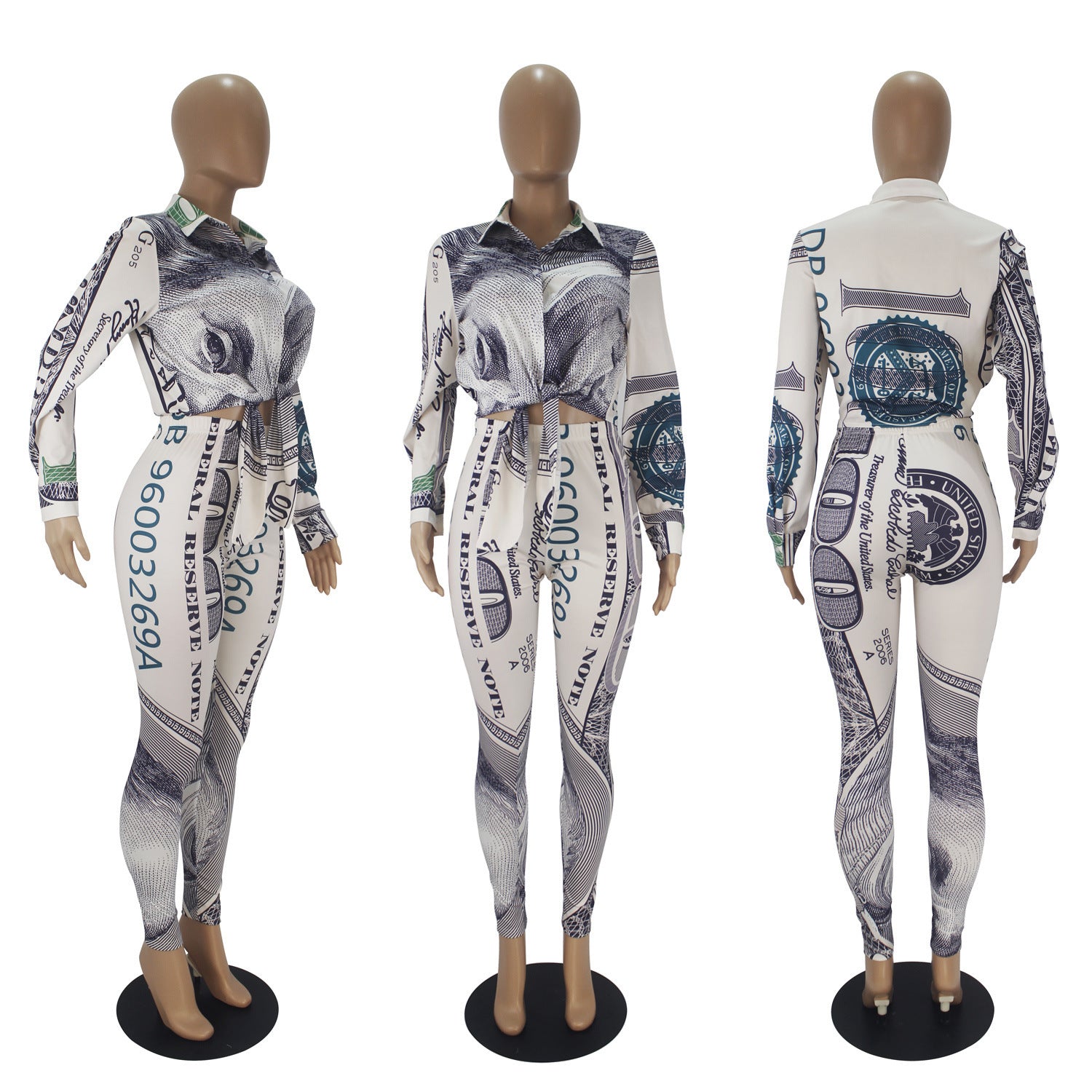 Women's Casual Fashion USD Printed Lace Up Long-sleeved Trousers Two-piece Suit