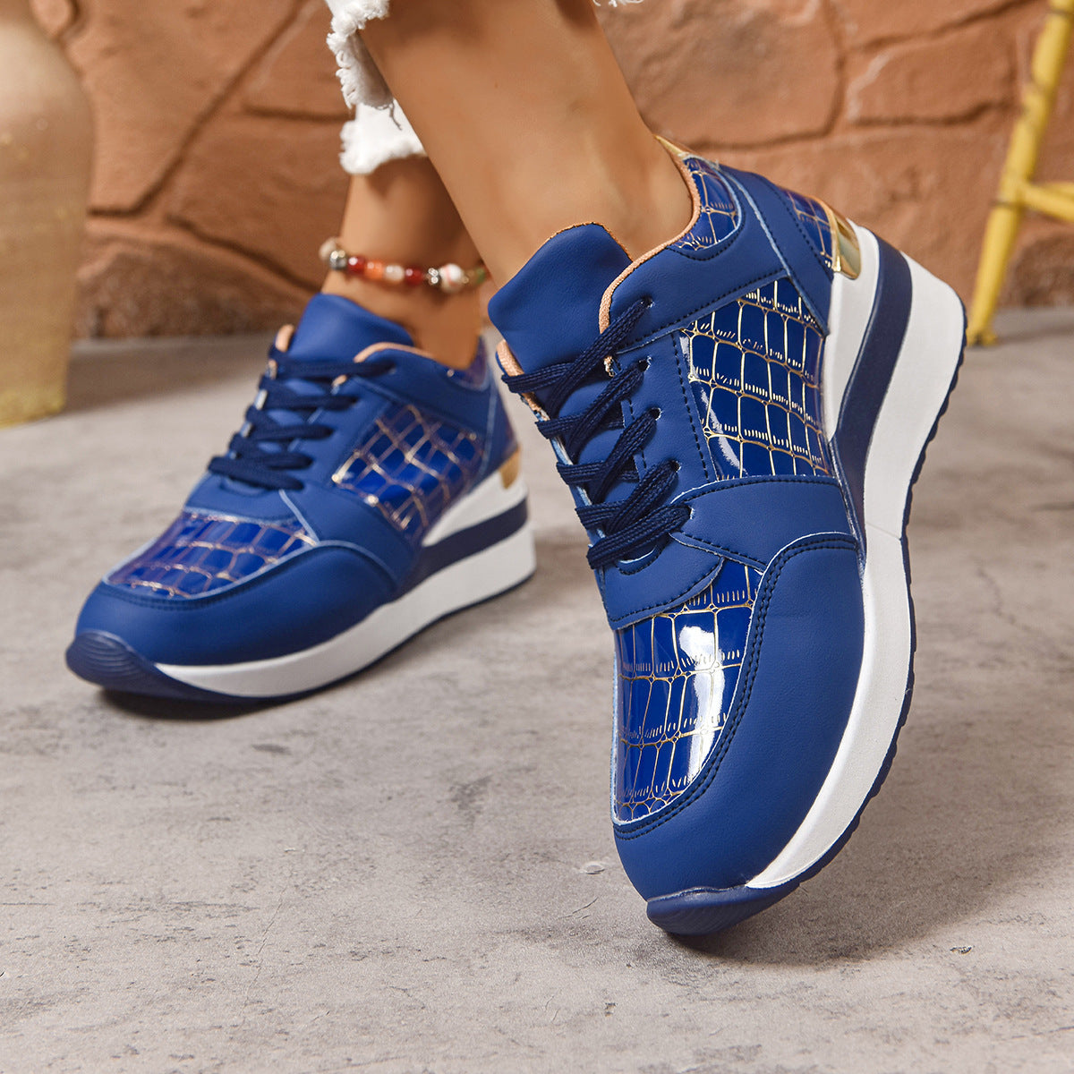 Women's Casual Plus Size Lace Color Block Wedge Sneaker