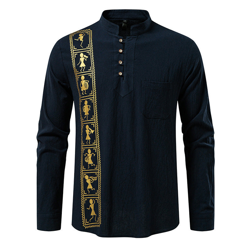 Printed Men's European Size Solid Color Cotton And Linen Shirt