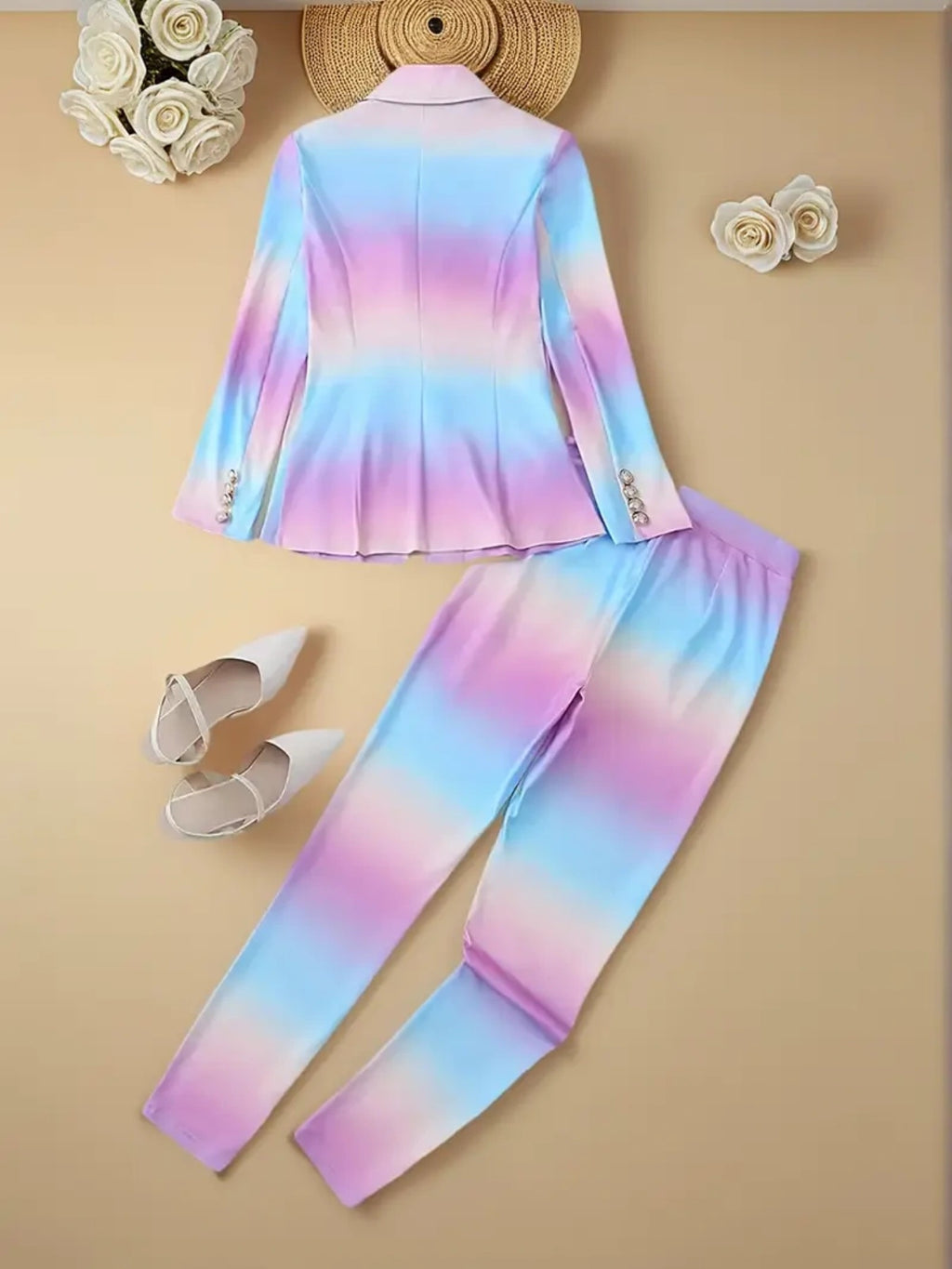 2025 Gradient Color Elegant Suit Jacket Set, Women's Suit Pants Set, Double Breasted Flip Leader Suit Jacket And Pants Clothing, Fashionable Women's Clothing