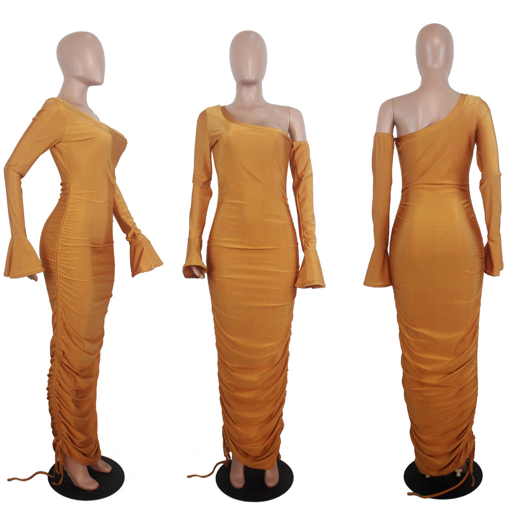 Women's Fashion Sexy Solid Color Flare Sleeve Off-shoulder Pleated Dress