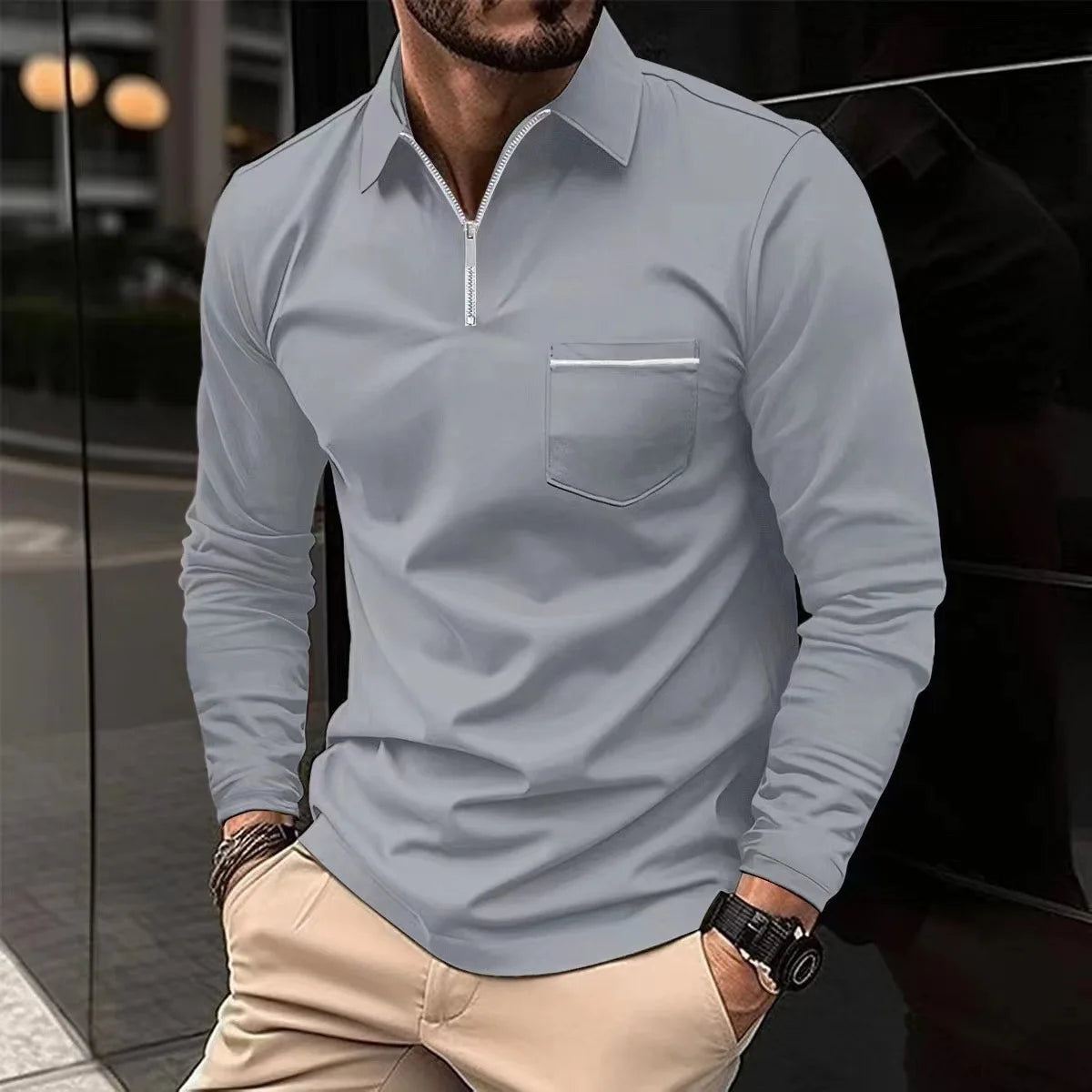 Europe And The United States Spring And Autumn Long-sleeved Polo Shirt Zipper Pocket Men's Sports Polo Shirt Men