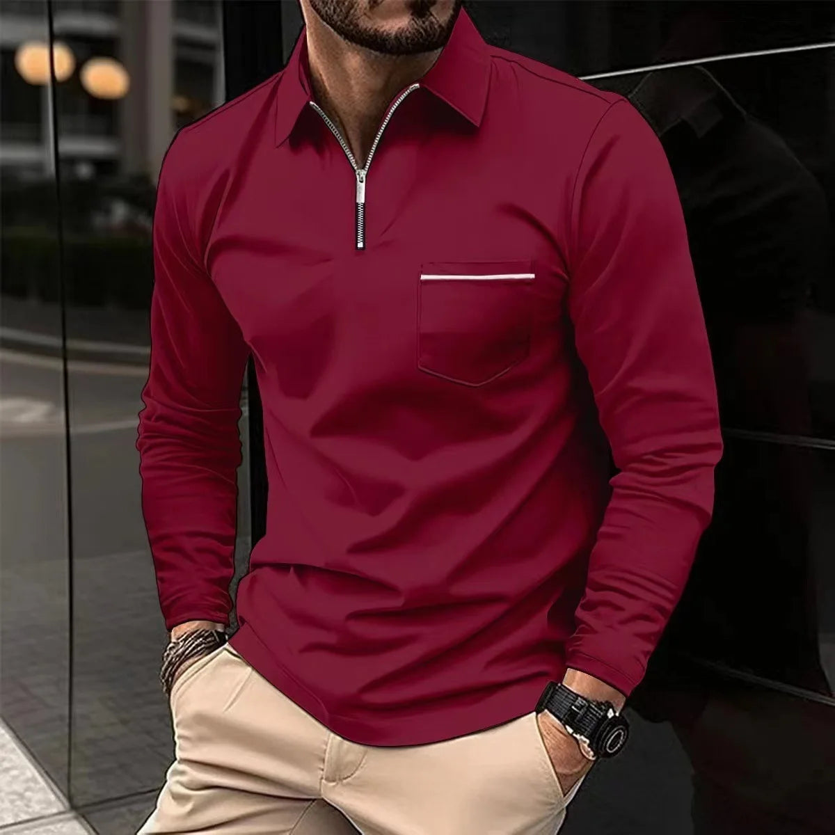 Europe And The United States Spring And Autumn Long-sleeved Polo Shirt Zipper Pocket Men's Sports Polo Shirt Men