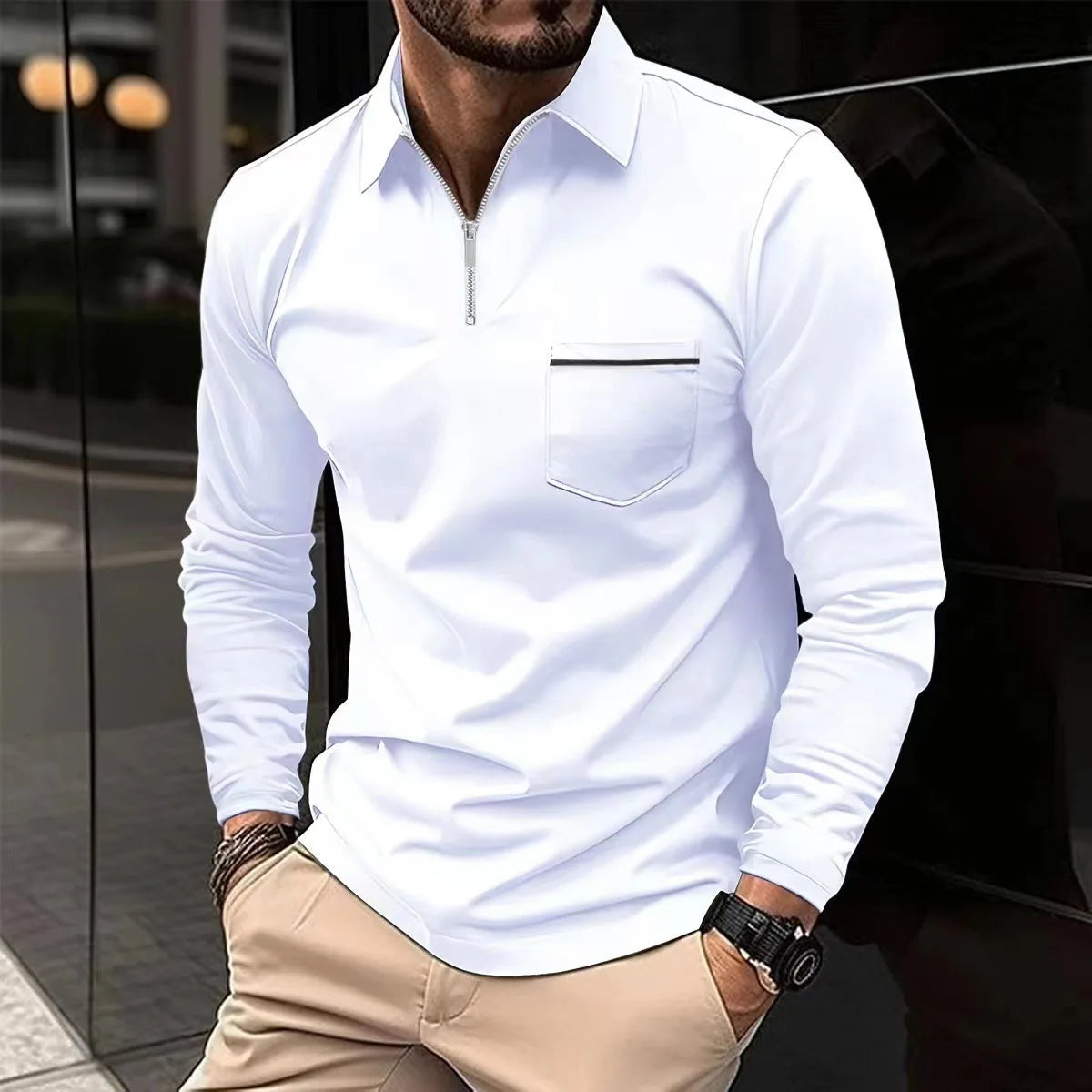 Europe And The United States Spring And Autumn Long-sleeved Polo Shirt Zipper Pocket Men's Sports Polo Shirt Men