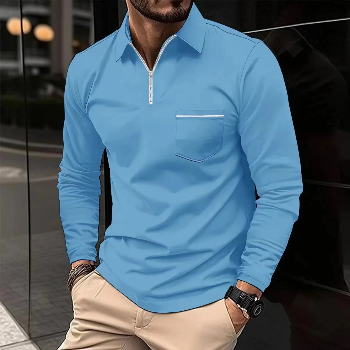 Europe And The United States Spring And Autumn Long-sleeved Polo Shirt Zipper Pocket Men's Sports Polo Shirt Men