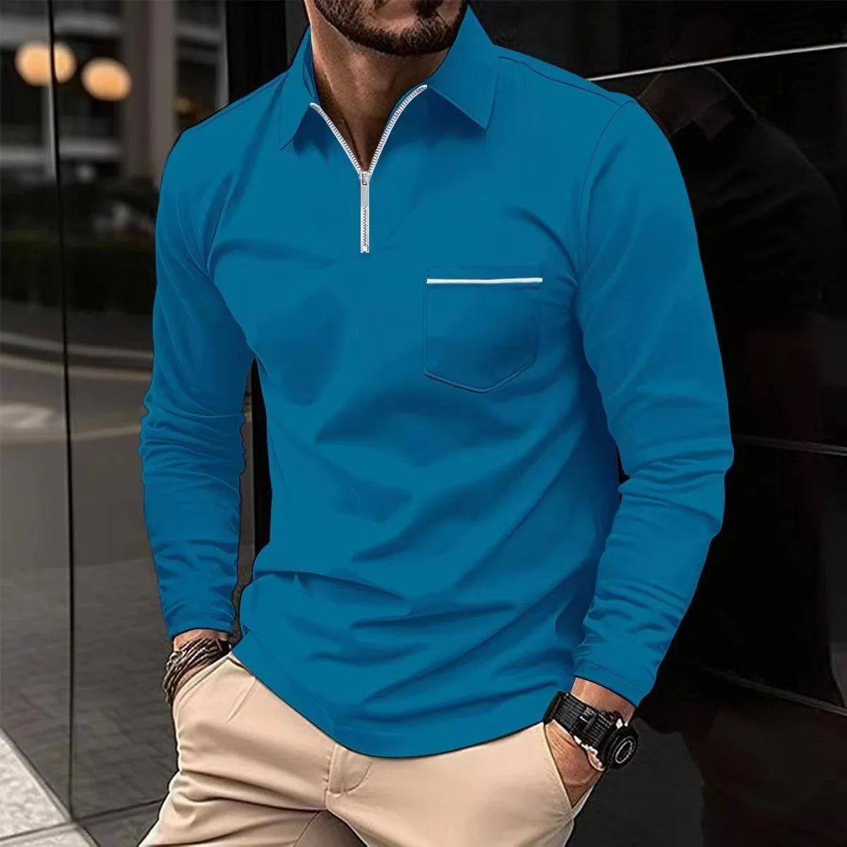 Europe And The United States Spring And Autumn Long-sleeved Polo Shirt Zipper Pocket Men's Sports Polo Shirt Men