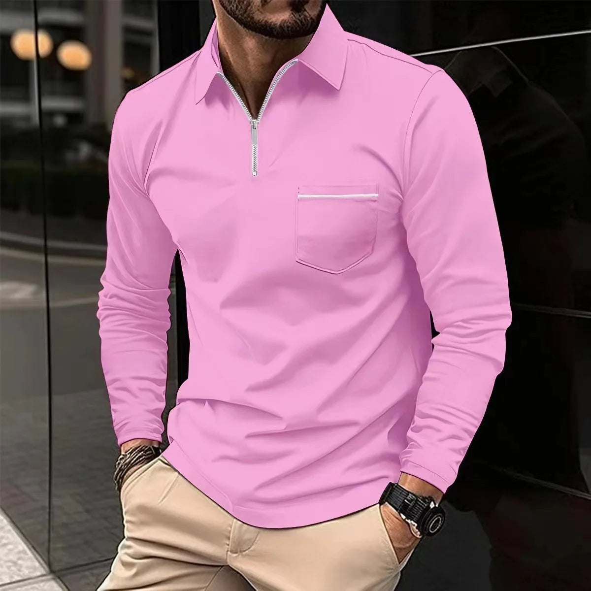 Europe And The United States Spring And Autumn Long-sleeved Polo Shirt Zipper Pocket Men's Sports Polo Shirt Men