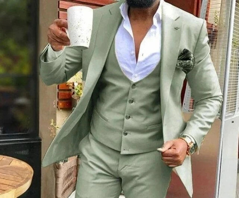 Green Men Suit Slim Fit Formal Business Office Casual Suits For Male Wedding Groom Tuxedo Party 3 Pieces (Jacket+Pants+Vest )