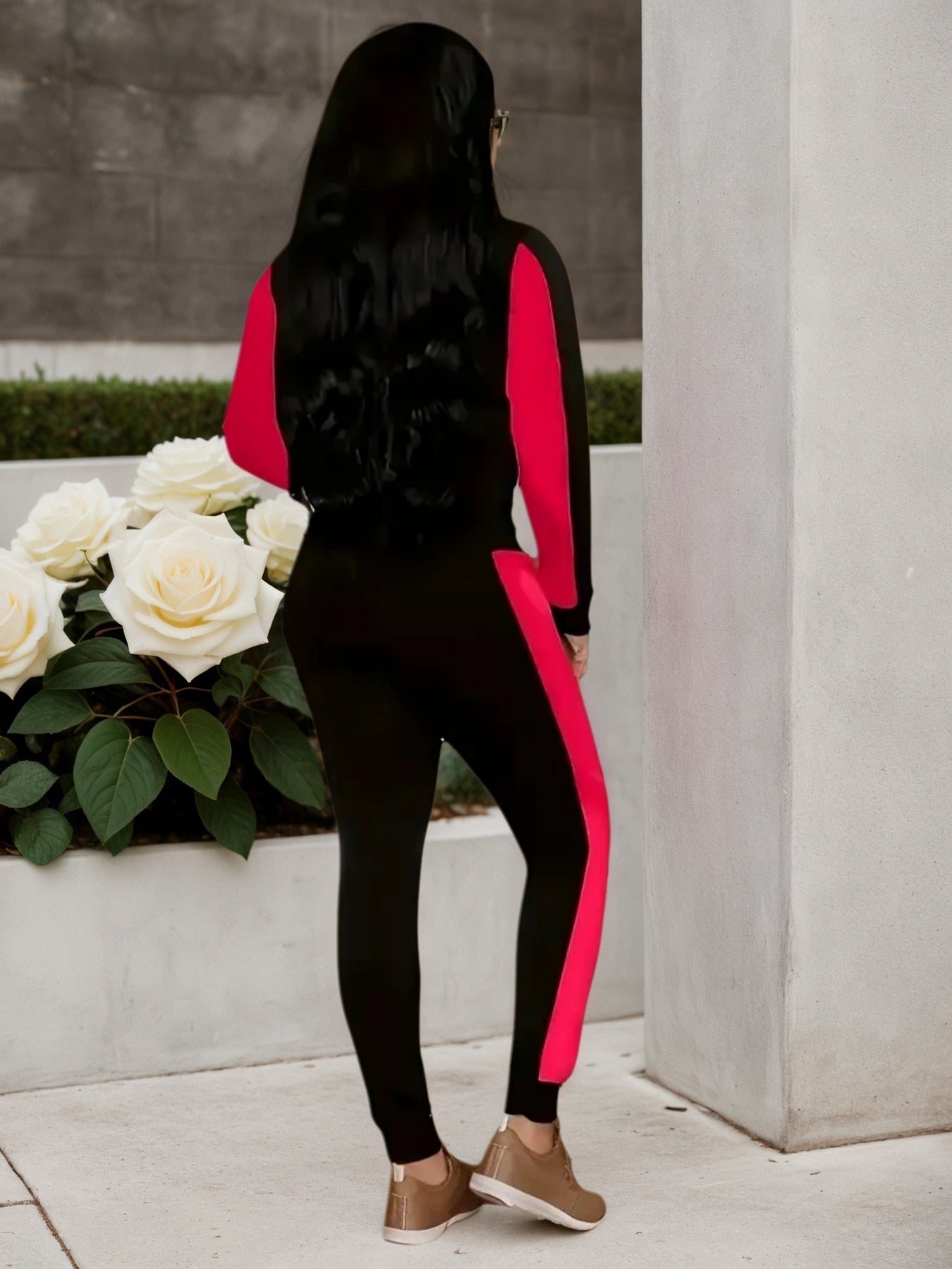 2025 Large New Women's Camouflage Printed Hoodie And Jogging Set, Casual Two Piece Set, Zippered Hoodie, Long Sleeve, And Red Black Stretch Pants