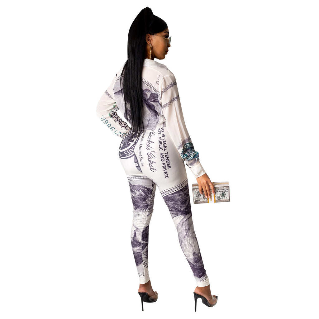 Women's Casual Fashion USD Printed Lace Up Long-sleeved Trousers Two-piece Suit