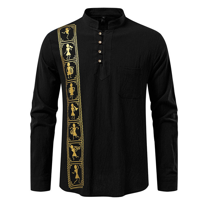 Printed Men's European Size Solid Color Cotton And Linen Shirt
